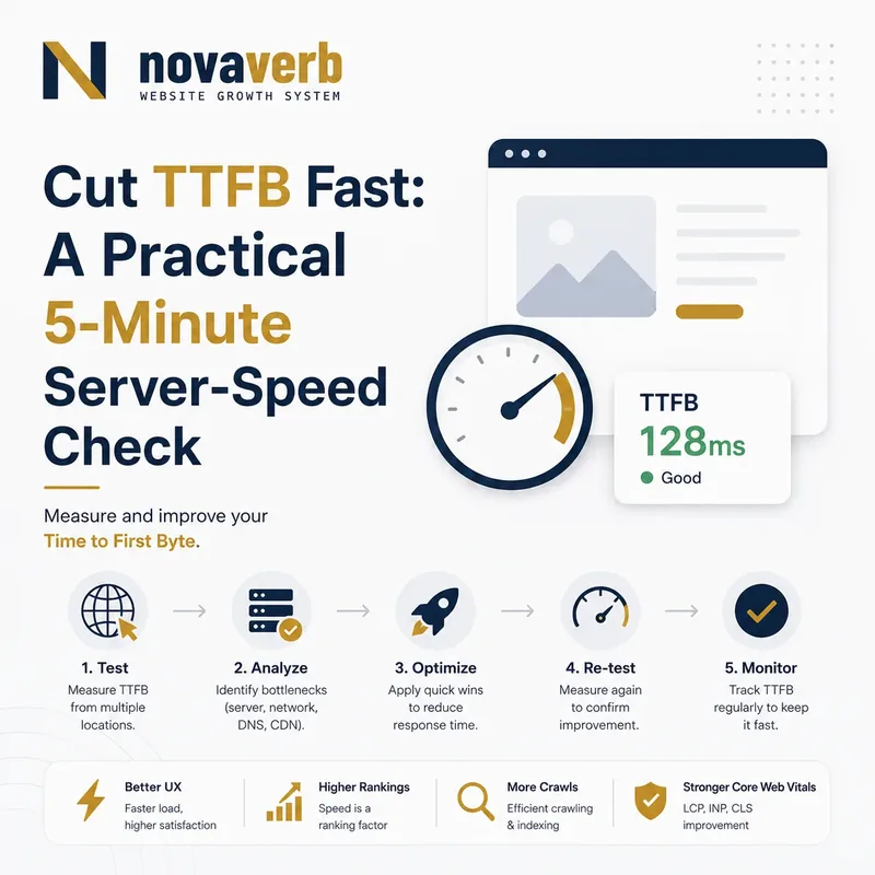 Cut TTFB fast graphic showing a five-minute server-speed test, TTFB measurement, analysis, optimization, retesting, and monitoring