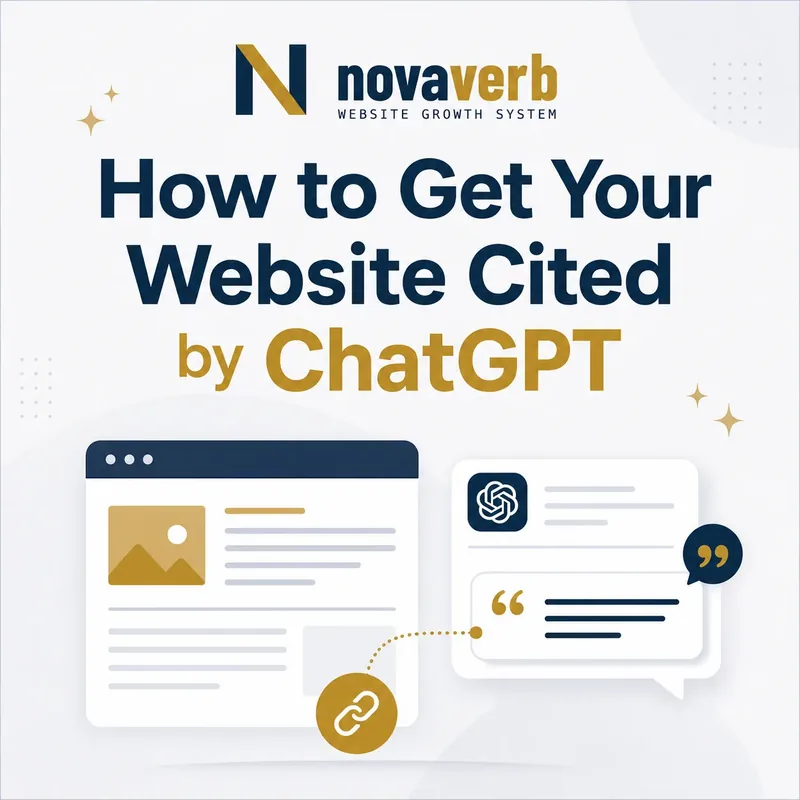 How to get your website cited by ChatGPT graphic showing a web page connected to an AI-generated answer with a source citation