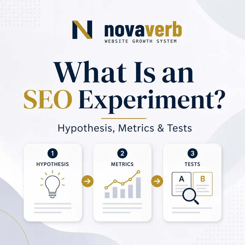 What is an SEO experiment graphic showing hypothesis, metrics, and tests