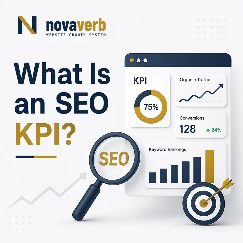 What is an SEO KPI graphic showing an SEO performance dashboard, charts, target metrics, and Novaverb branding
