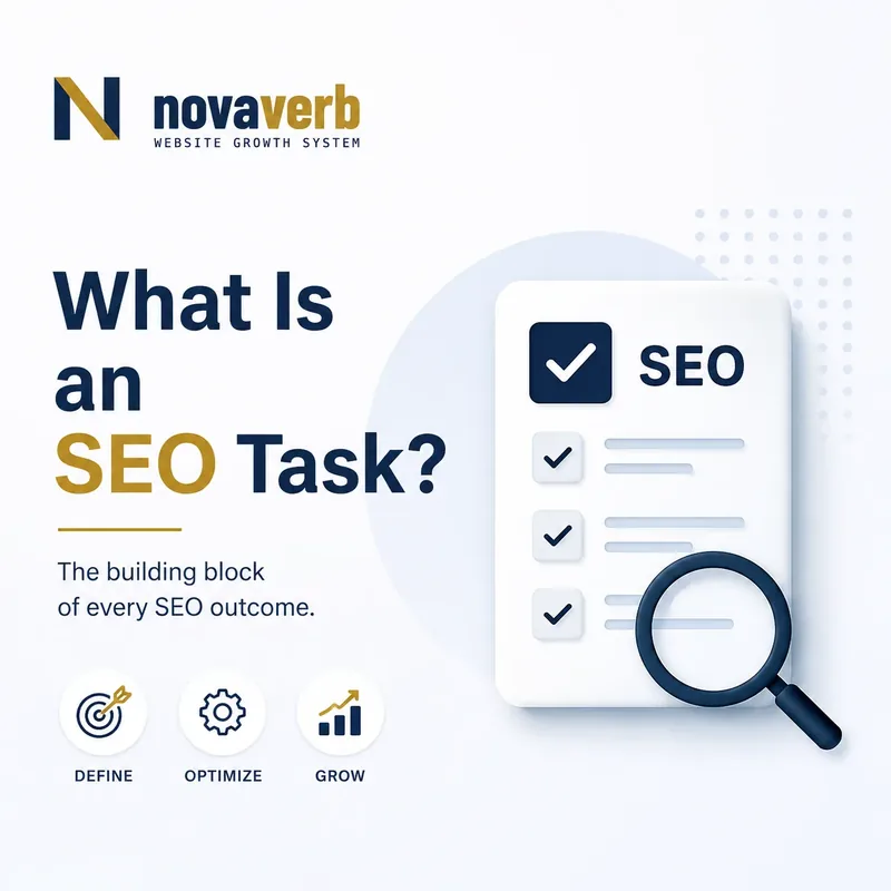 What is an SEO task infographic showing an SEO checklist, magnifying glass, and Novaverb logo
