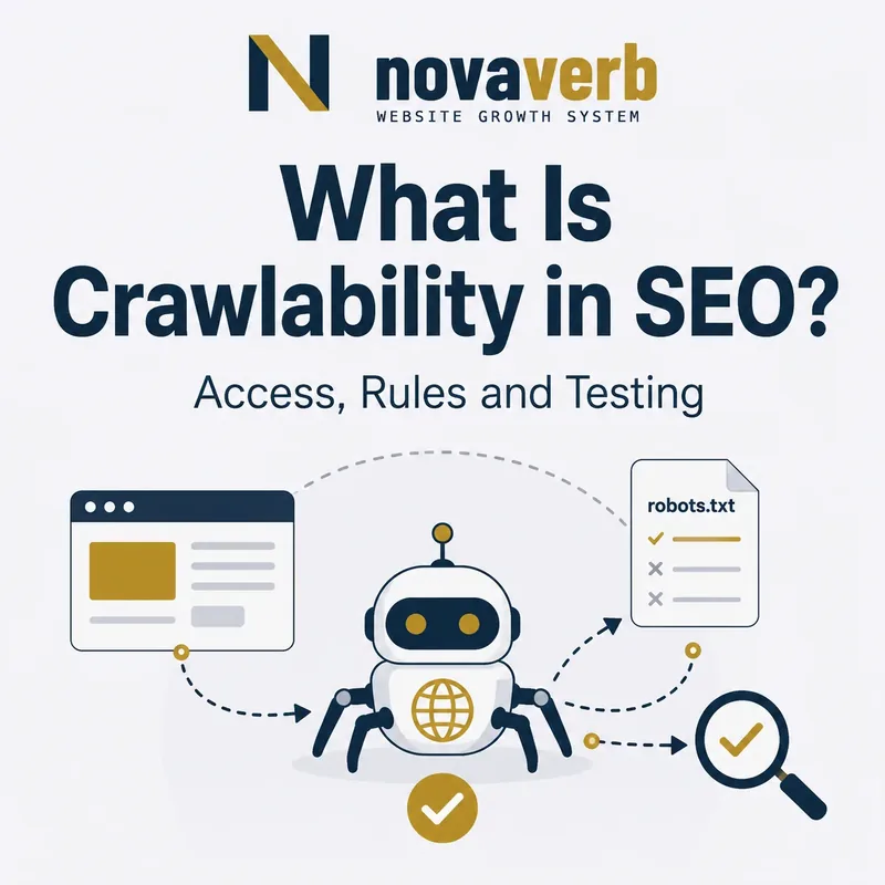 What is crawlability in SEO graphic showing a search engine crawler checking website access, robots.txt rules, and crawl testing
