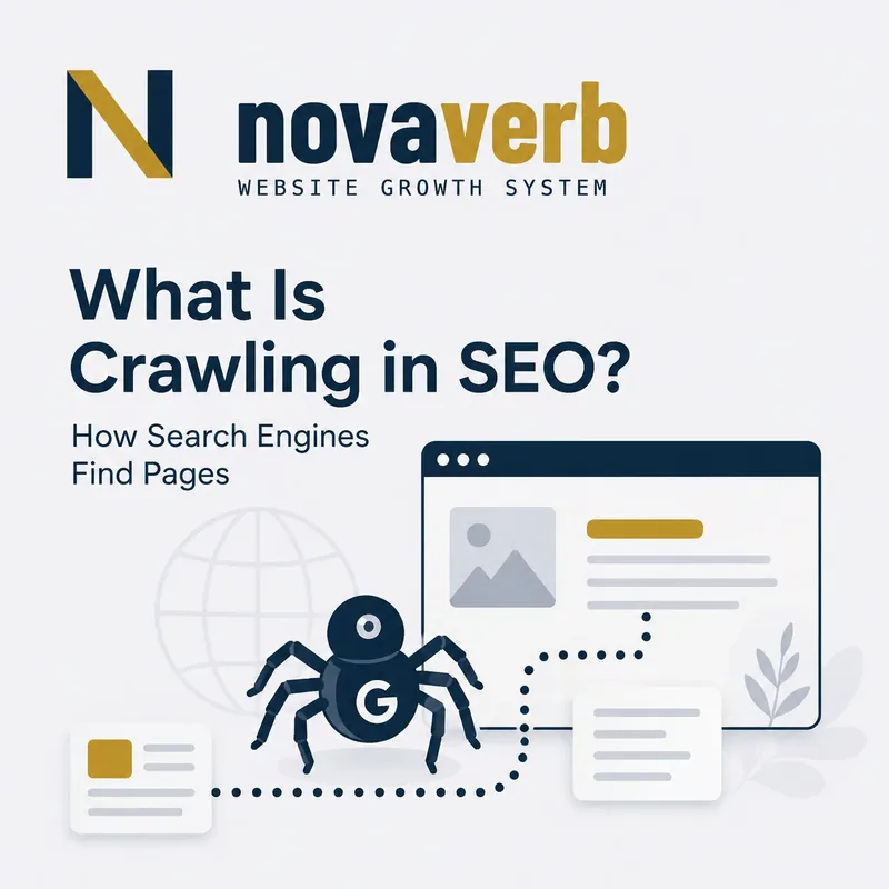 What is crawling in SEO graphic showing a search engine crawler discovering and following links between web pages