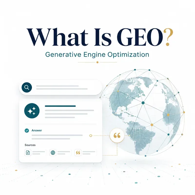 What is GEO? Generative Engine Optimization concept with AI search, answer card, sources, and connected knowledge graph.