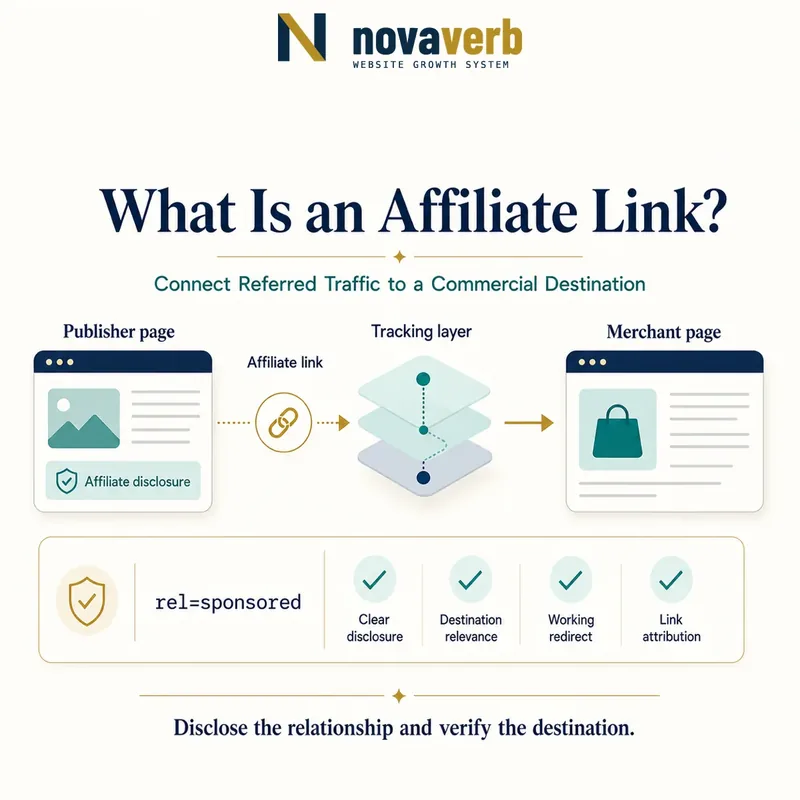 Diagram showing a publisher page disclosing an affiliate relationship and sending an attributed link through a tracking layer to a merchant destination
