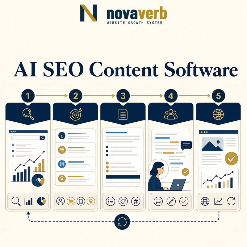 Five-stage AI SEO content workflow connecting search evidence, intent, a structured brief, human review and post-publication recheck