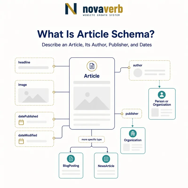 Diagram showing Article connected to its headline, image, author, publisher, dates and more specific article types