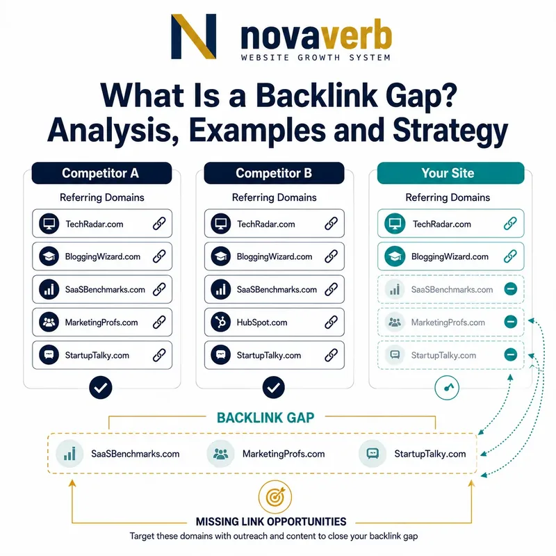 Backlink gap analysis comparing competitor referring domains with missing link opportunities for your website.