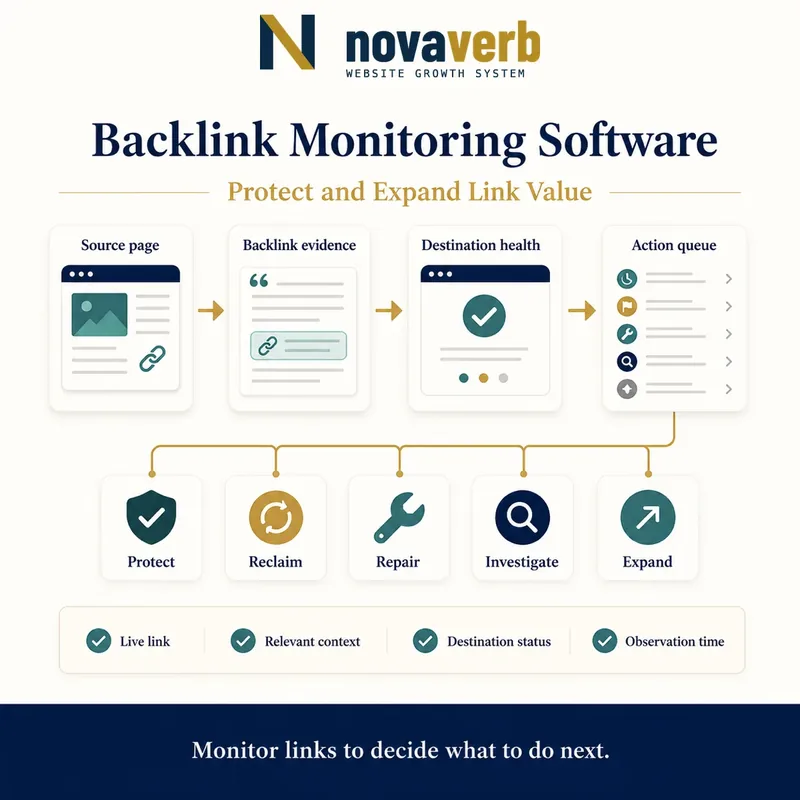 Backlink monitoring workflow connecting a source page and observed link to destination health and protect, reclaim, repair, investigate or expand actions