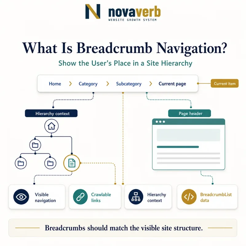 Diagram showing a Home, Category, Subcategory and Current page breadcrumb trail connected to site hierarchy, page header and BreadcrumbList data