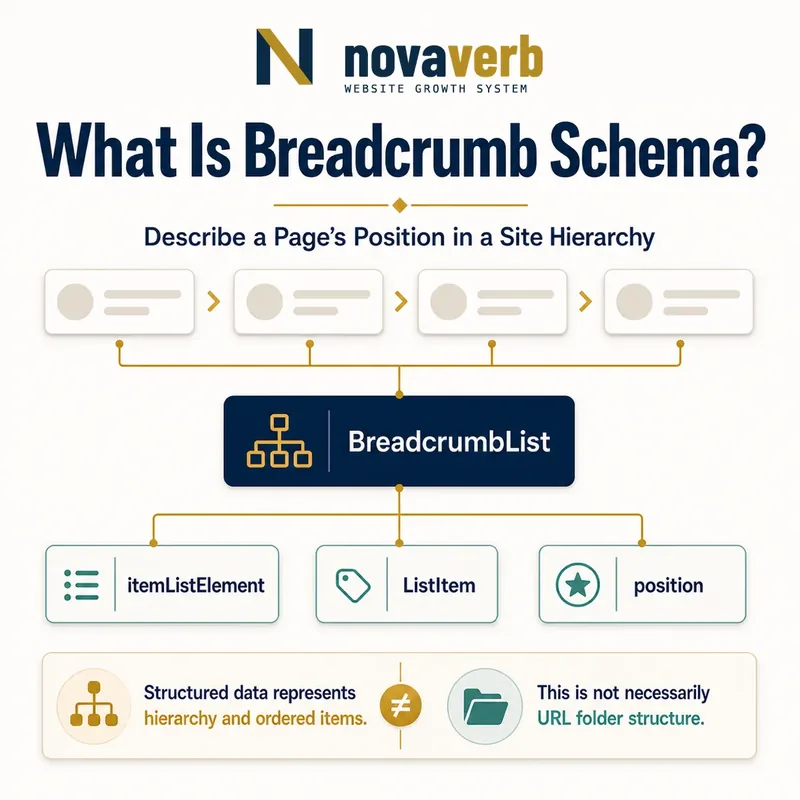 Diagram showing an ordered breadcrumb trail represented by BreadcrumbList and ListItem properties