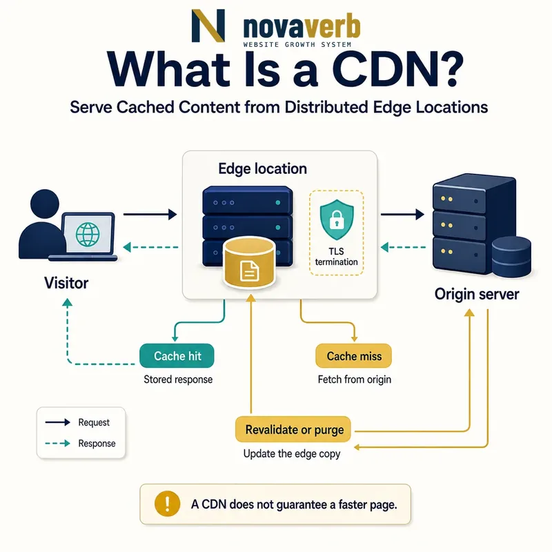Diagram showing a visitor, CDN edge location and origin server with cache-hit, cache-miss, revalidation and purge flows