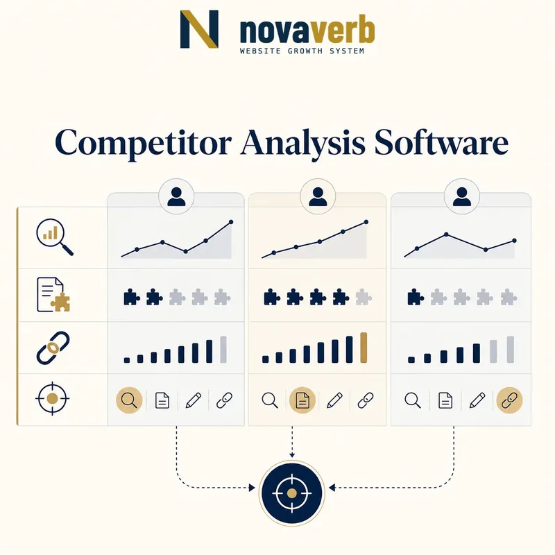 Three neutral competitor profiles compared across search visibility, content gaps and backlink evidence before one prioritized decision