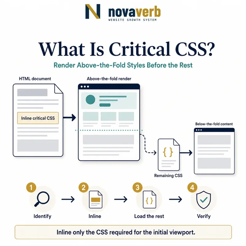 Workflow showing critical CSS inlined in an HTML document for above-the-fold rendering while remaining CSS loads for later content