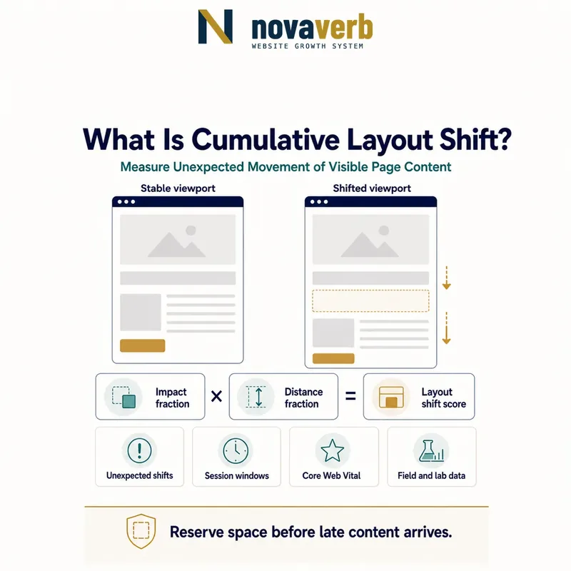 Comparison of stable and shifted browser viewports showing late content moving visible elements and the impact and distance fractions behind layout shift score