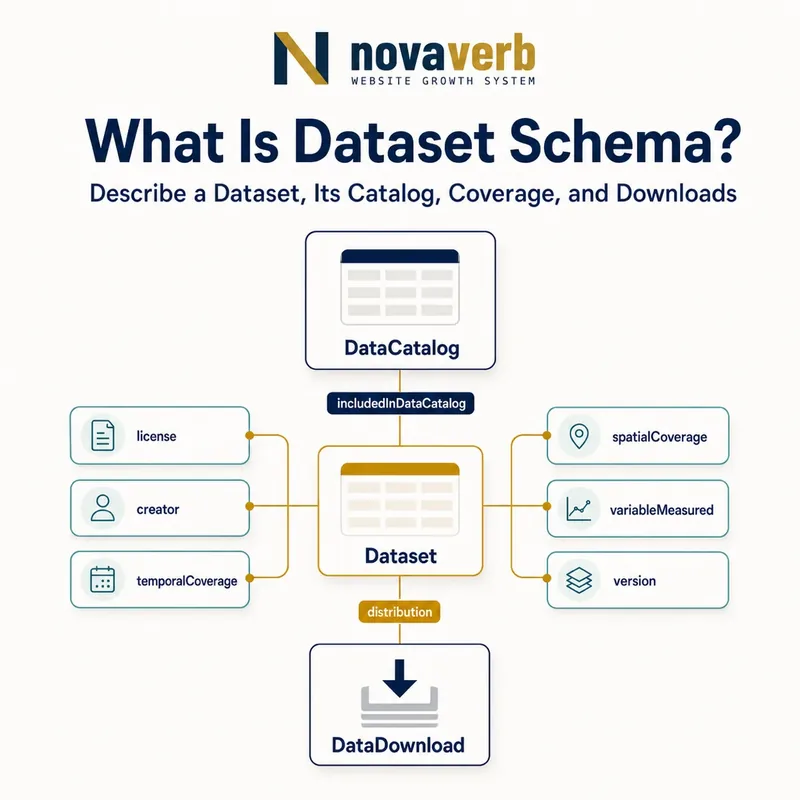 Diagram showing a Dataset connected to its DataCatalog, coverage, licensing and downloadable distributions