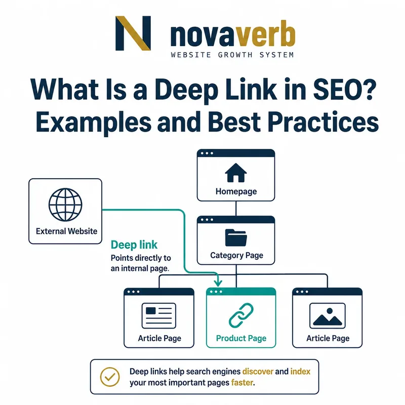 Deep link diagram showing links that point to a guide, product page and free tool instead of only the homepage