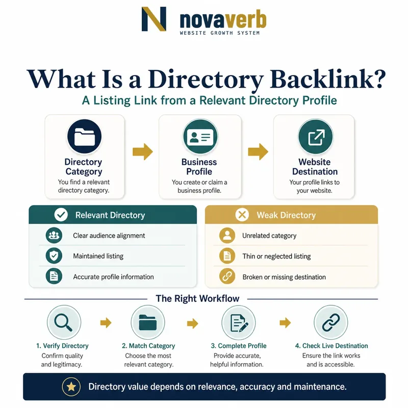 Diagram showing a directory category leading through a business profile to a website destination, with relevant and weak directory comparisons