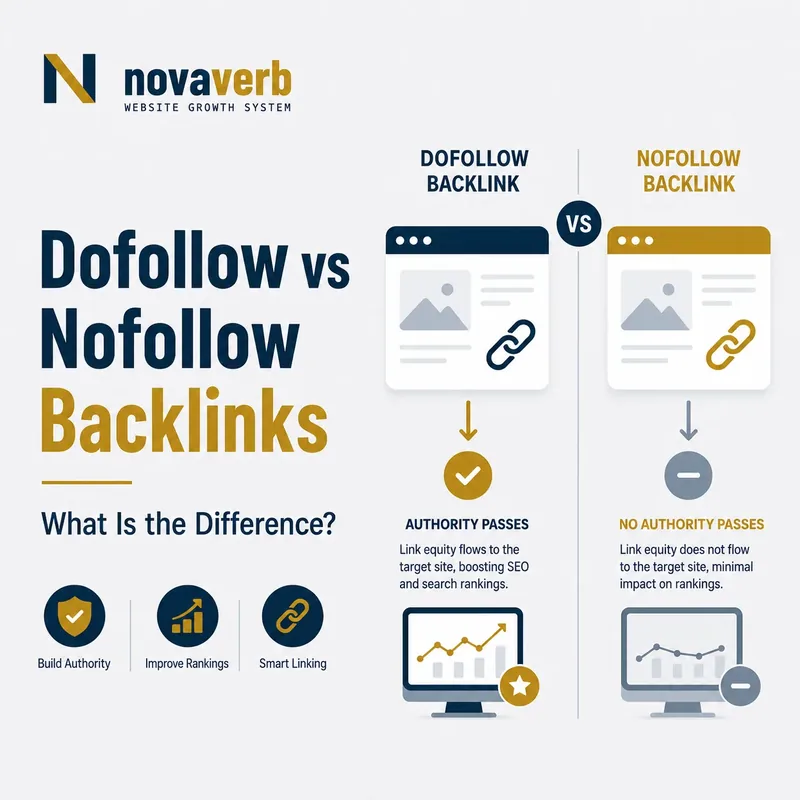 Dofollow vs nofollow backlinks graphic comparing a normal link with rel nofollow sponsored and UGC attributes