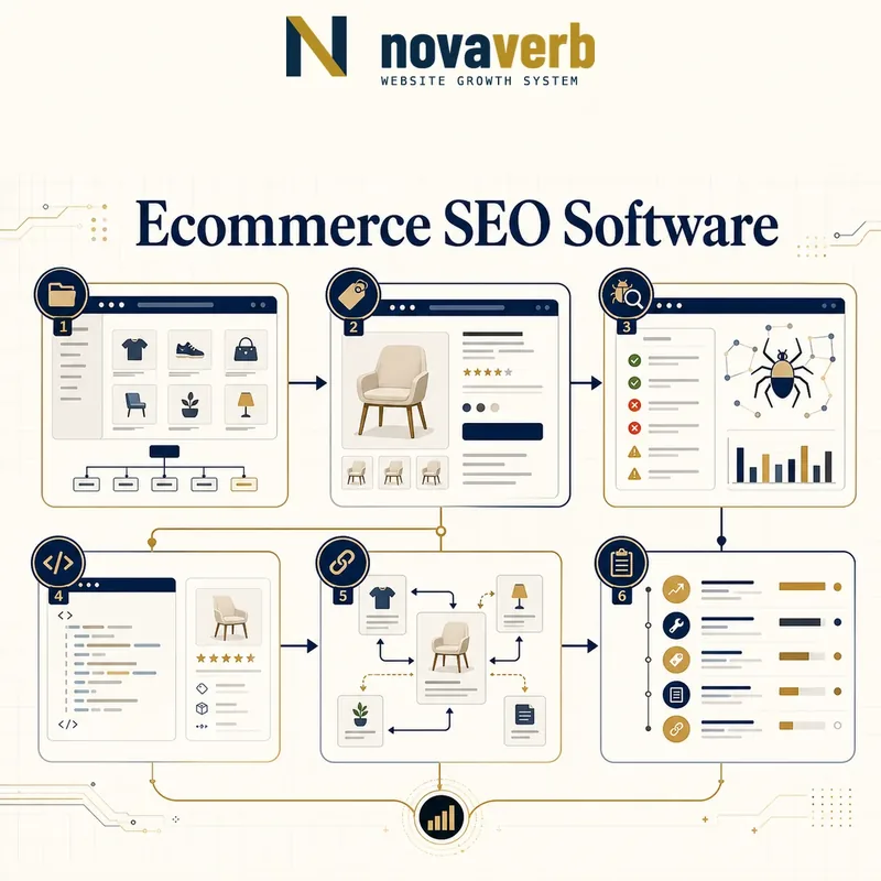 Ecommerce SEO workflow connecting category pages, product pages, crawl health, structured data, internal links and prioritized actions