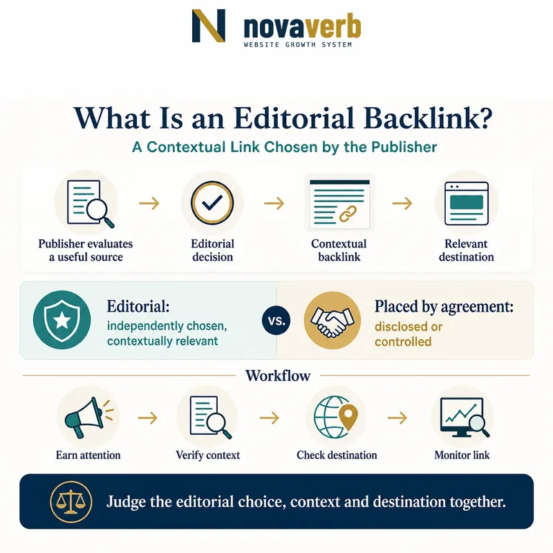 Diagram showing a publisher evaluating a useful source, making an editorial decision and placing a contextual backlink to a relevant destination