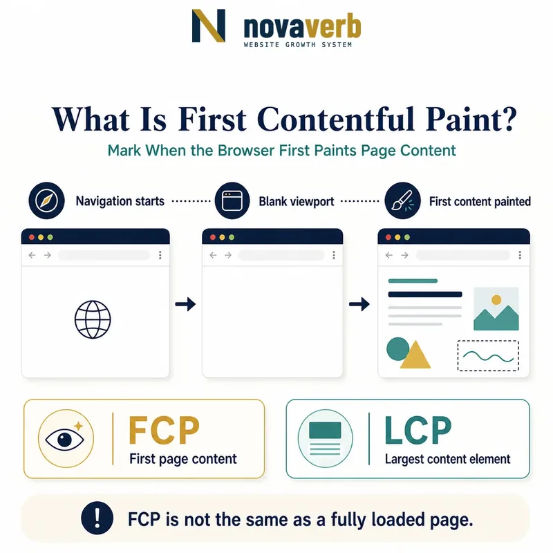 Browser sequence showing navigation start, a blank viewport and the first painted page content, with FCP distinguished from LCP
