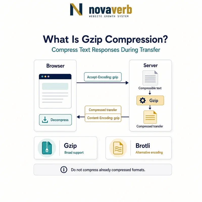 Diagram showing a browser negotiating gzip, a server compressing text and the browser decompressing the transferred response