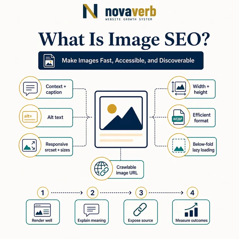 Diagram showing an image connected to context, alt text, responsive sources, dimensions, efficient format, lazy loading and crawlability