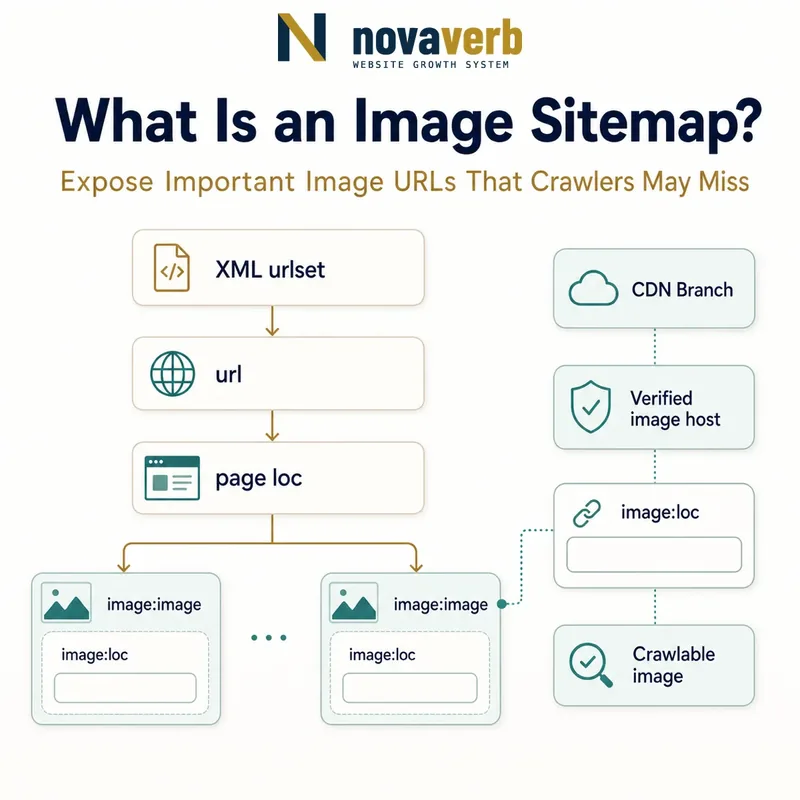 Diagram showing an XML sitemap connecting a page location to image:image and required image:loc records, including a crawlable CDN host