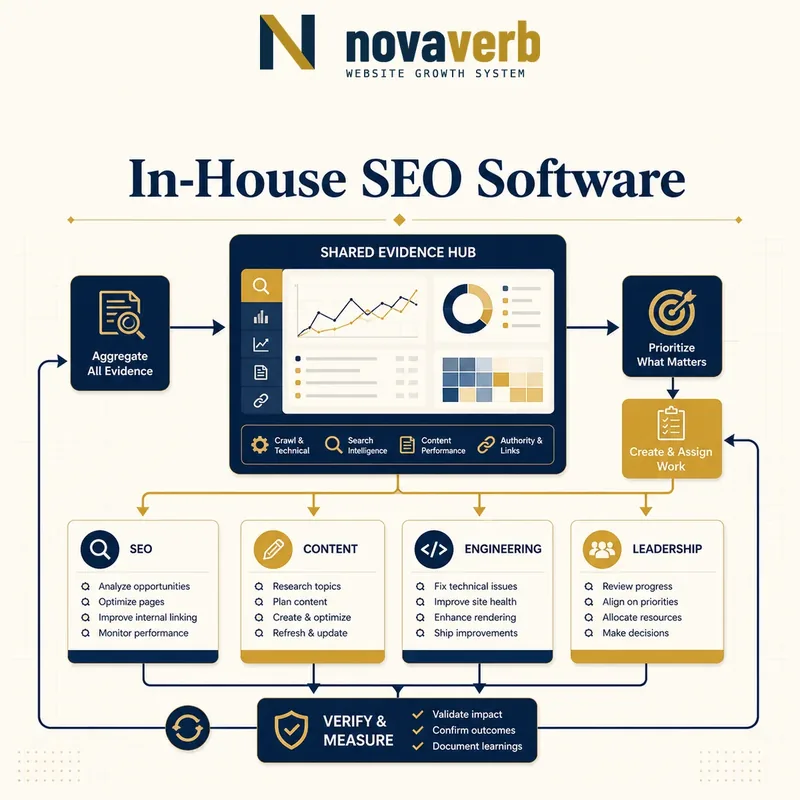 Shared SEO evidence hub distributing prioritized work to SEO, content, engineering and leadership before verification