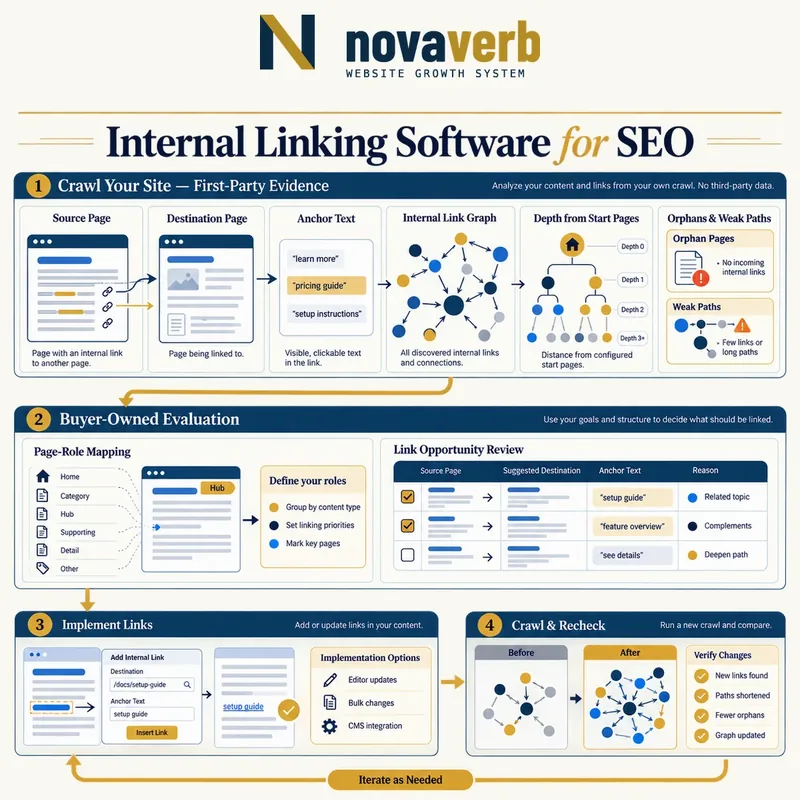 Internal linking workflow from first-party crawl evidence and buyer-owned page roles through opportunity review, implementation and crawl recheck