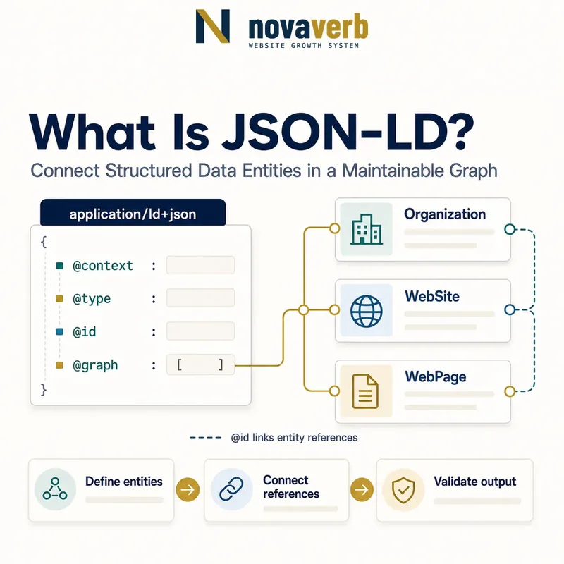 Diagram showing a JSON-LD graph using context, type, identifier and graph keys to connect structured data entities
