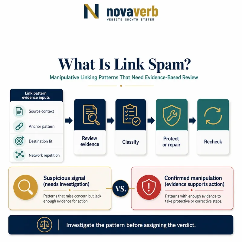 Evidence workflow reviewing source context, anchor patterns, destination fit and network repetition before classifying and addressing link spam