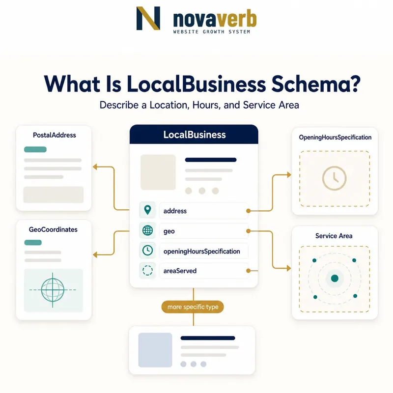 Diagram showing LocalBusiness connected to PostalAddress, GeoCoordinates, opening hours, service area and a more specific subtype