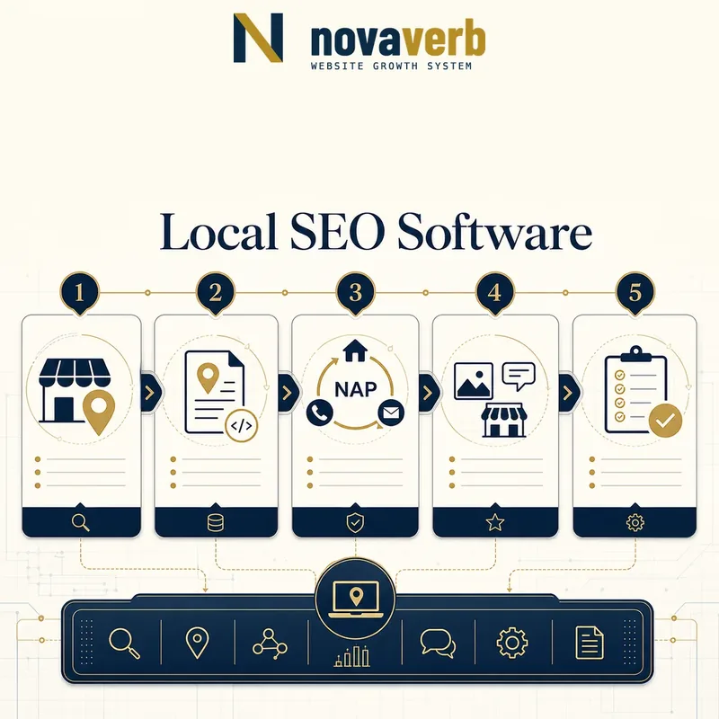 Five-stage local SEO workflow covering business identity, location schema, NAP consistency, evidence review and owned action