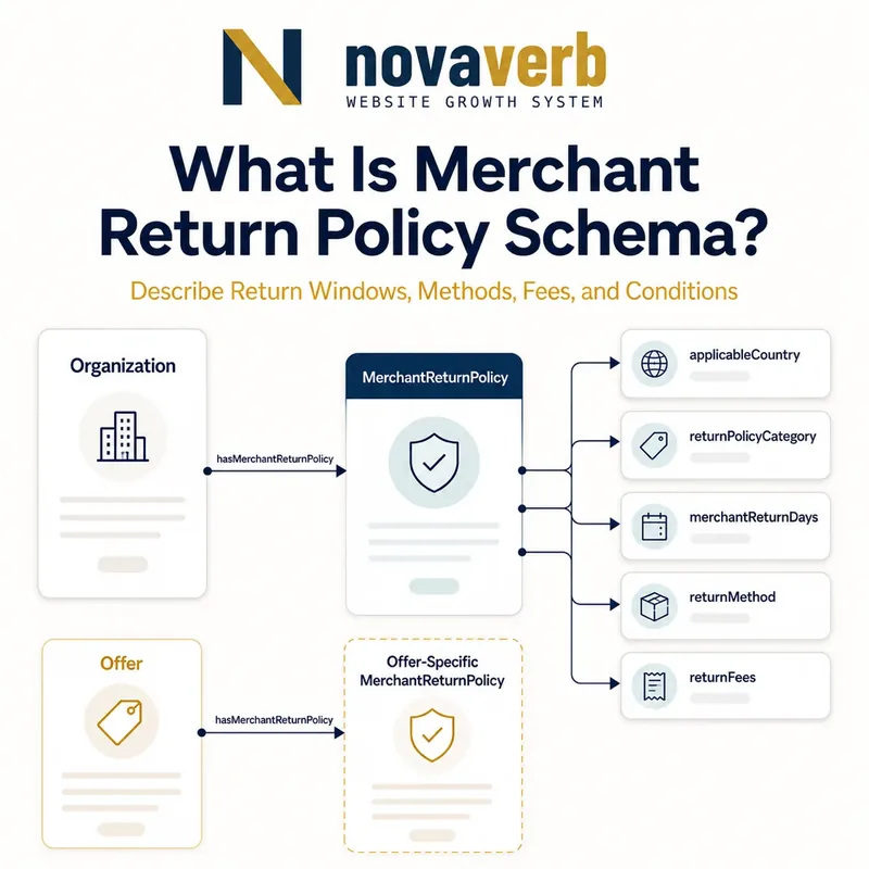 Diagram showing organization-level and offer-specific MerchantReturnPolicy relationships and policy properties