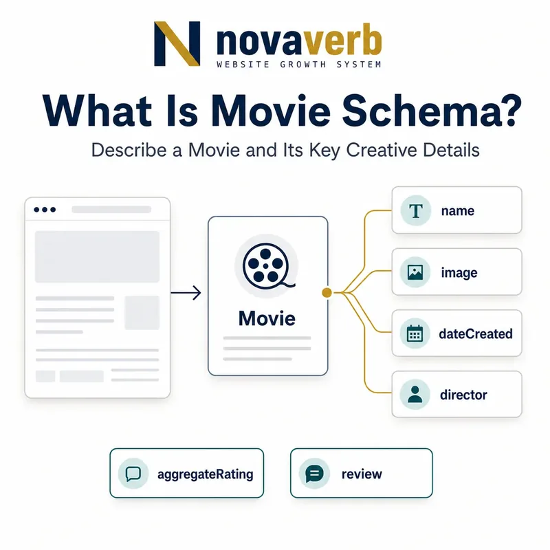 Diagram showing a Movie entity connected to creative, image, date, director, rating and review properties