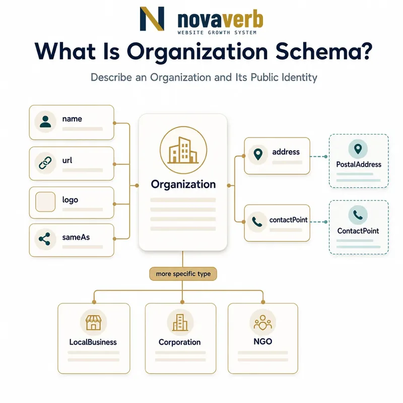 Diagram showing Organization connected to its public identity, address, contact point and more specific organization types