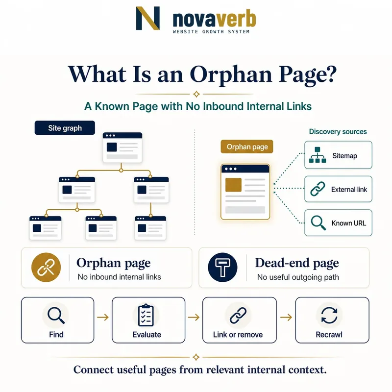 Site graph showing an isolated page with no inbound internal links that remains discoverable through a sitemap, external link or known URL