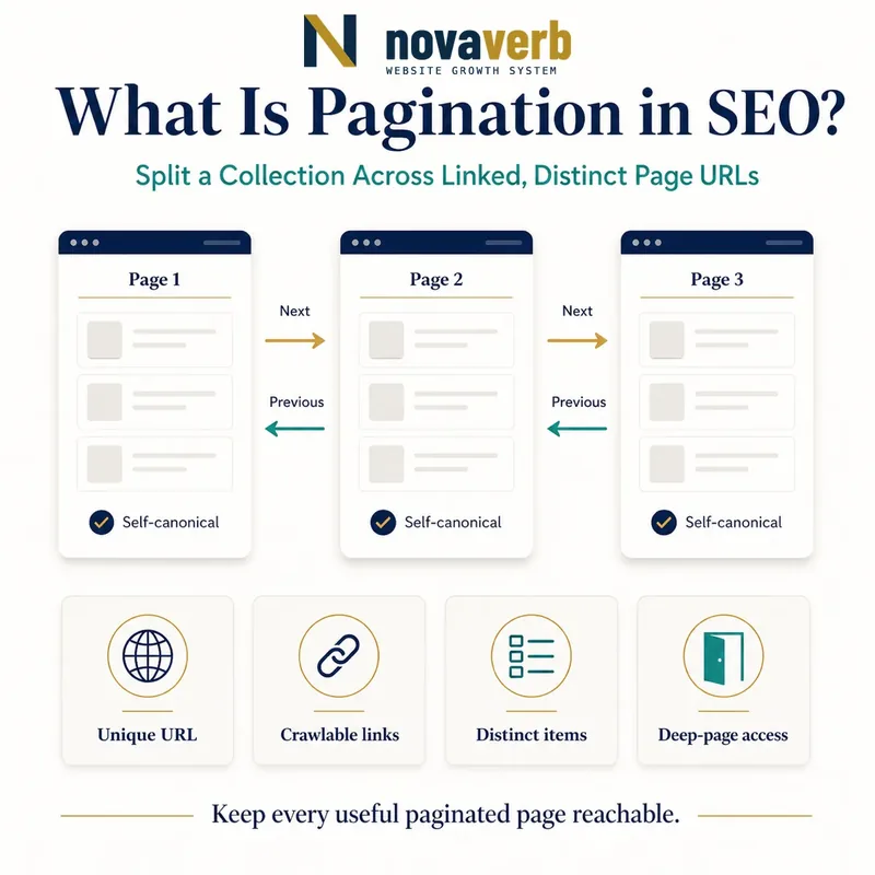 Diagram showing three distinct paginated collection pages connected with crawlable previous and next links and carrying self-canonical markers