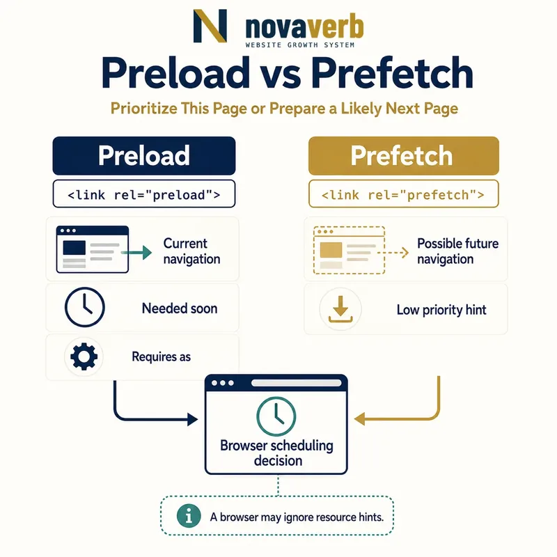 Comparison diagram showing preload for current-page resources and prefetch for likely future-navigation resources