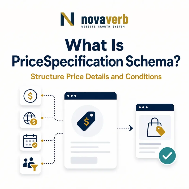 Diagram showing PriceSpecification Schema organizing amount, currency, validity and eligibility details