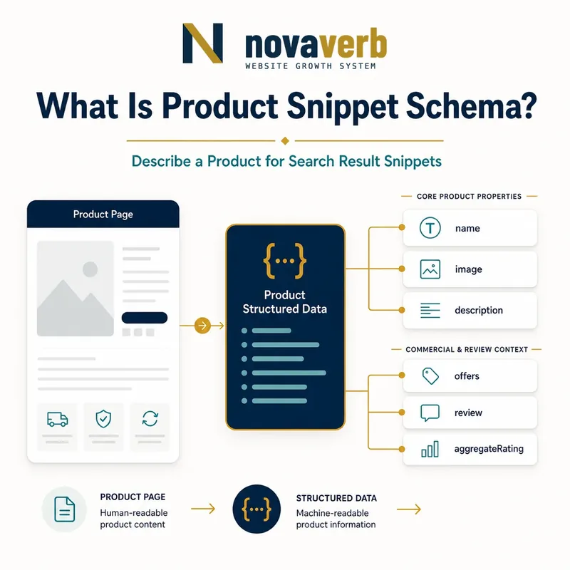 Diagram showing a Product page mapped to Product structured data and its core, commercial and review properties