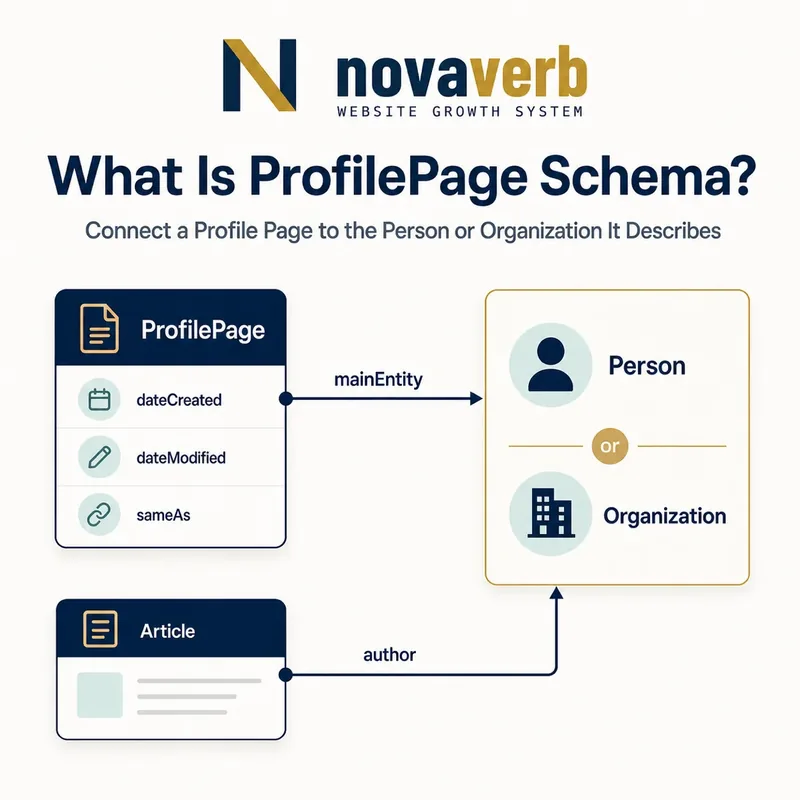 Diagram showing a ProfilePage connected to the Person or Organization it describes and an Article author relationship