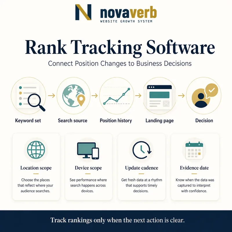 Rank tracking workflow connecting keyword sets, search source, position history, landing pages and business decisions