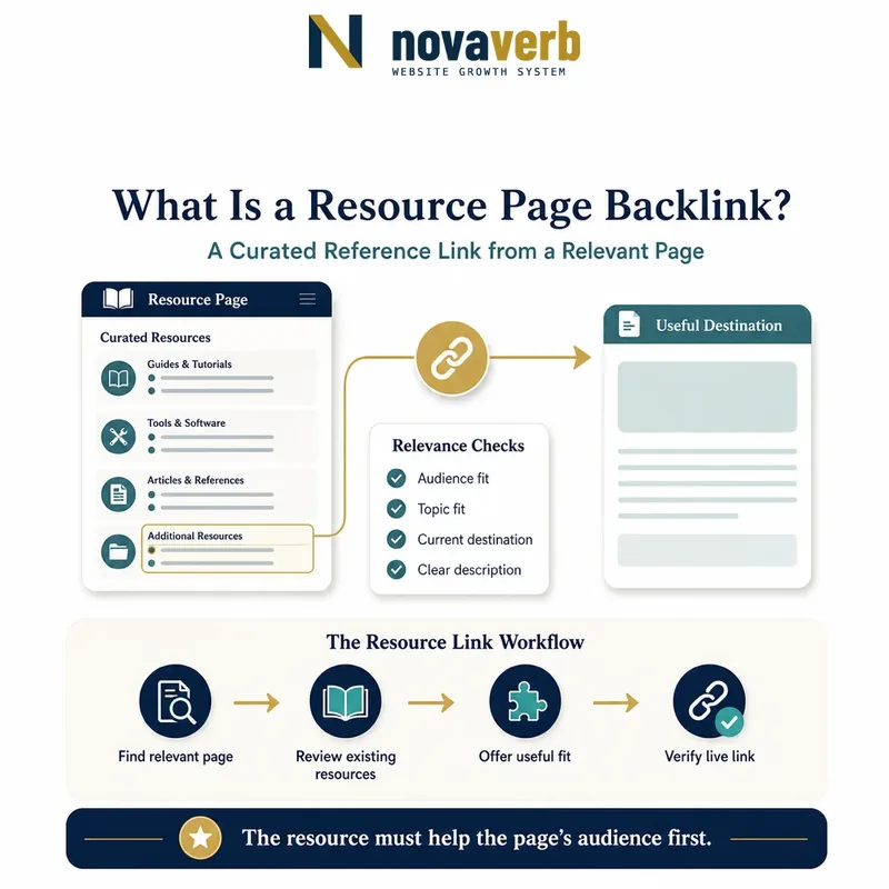 Diagram showing a curated resource page linking to a useful destination after audience, topic, destination and description checks