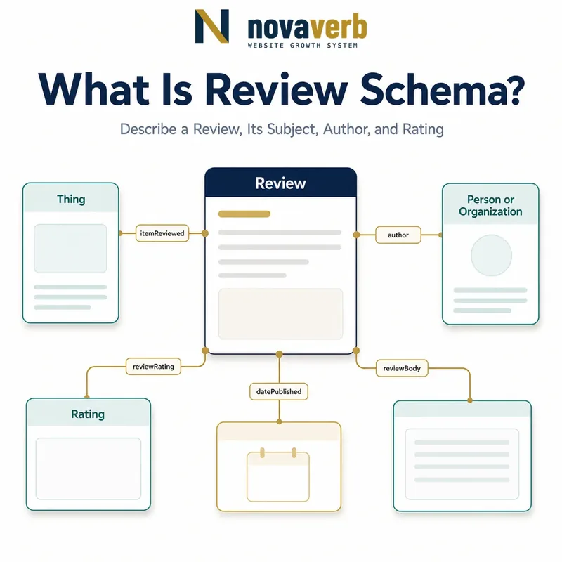 Diagram showing Review connected to the reviewed subject, author, rating, publication date and review body