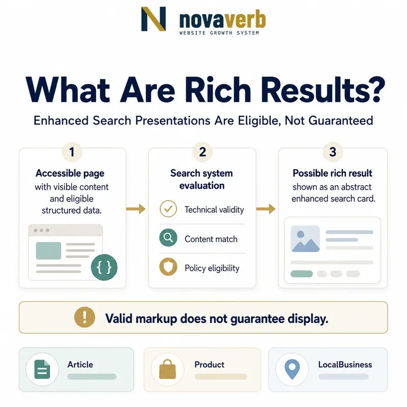 Diagram showing an accessible page passing search system evaluation before a possible enhanced search presentation