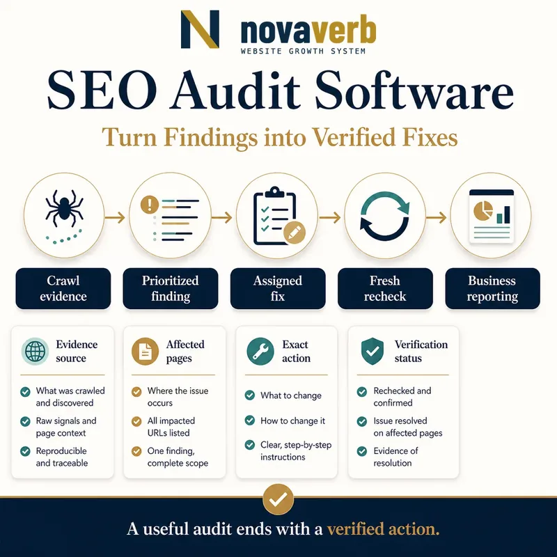 SEO audit workflow moving from crawl evidence through prioritized findings and assigned fixes to fresh verification and business reporting