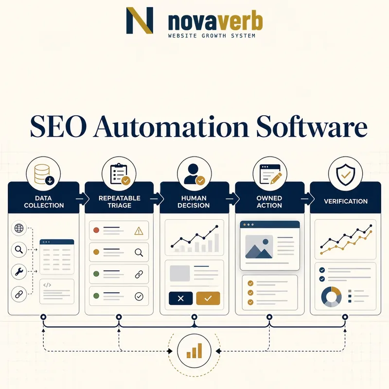 Five-stage SEO automation workflow separating data collection and repeatable triage from human decisions, owned actions and verification